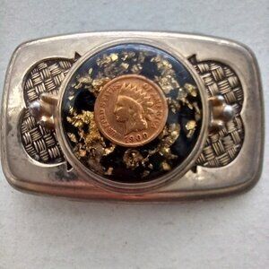 1900 Indian Head Penny Belt Buckle gold tone gold flecks and resin 3" x 2" READ